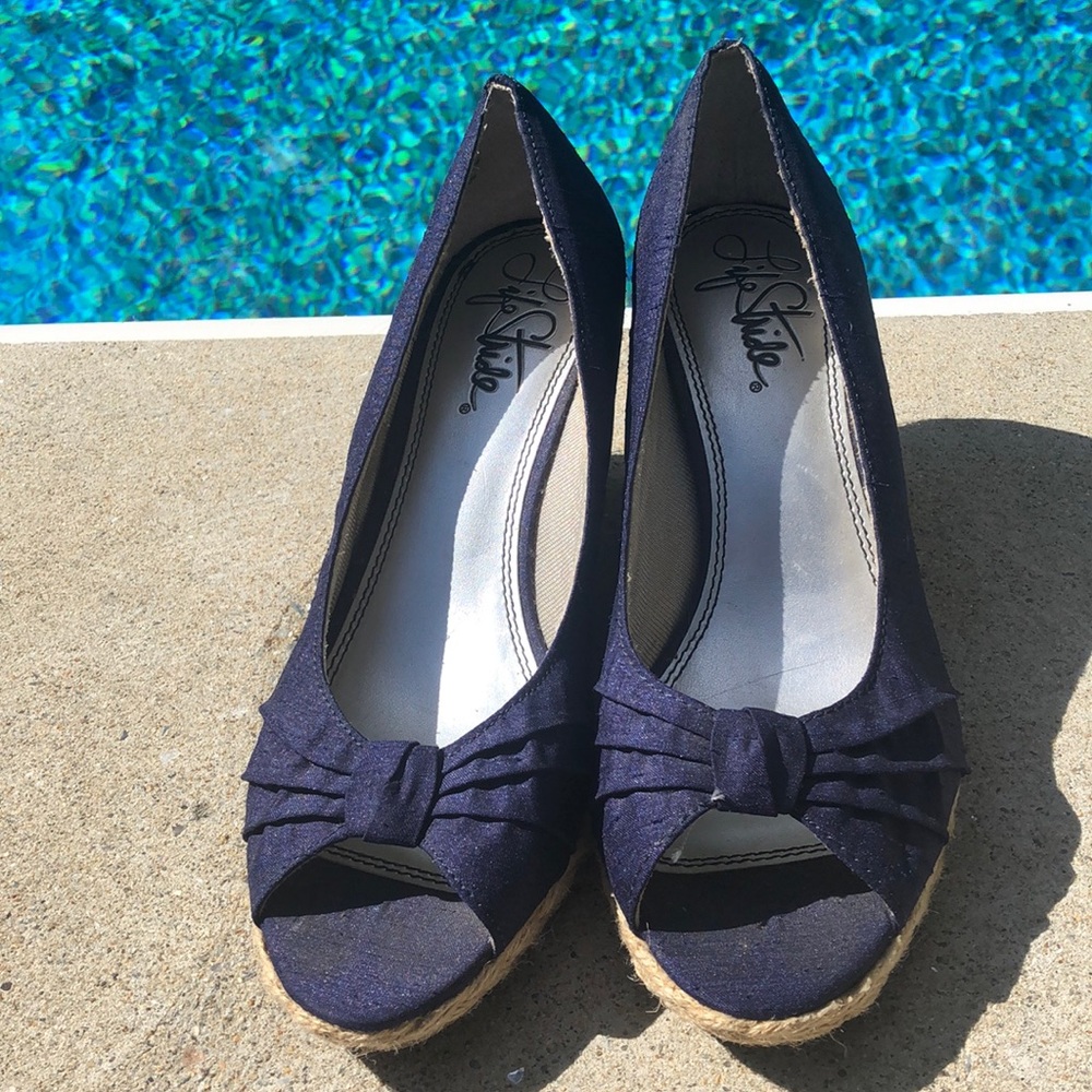 Navy blue espadrille wedges